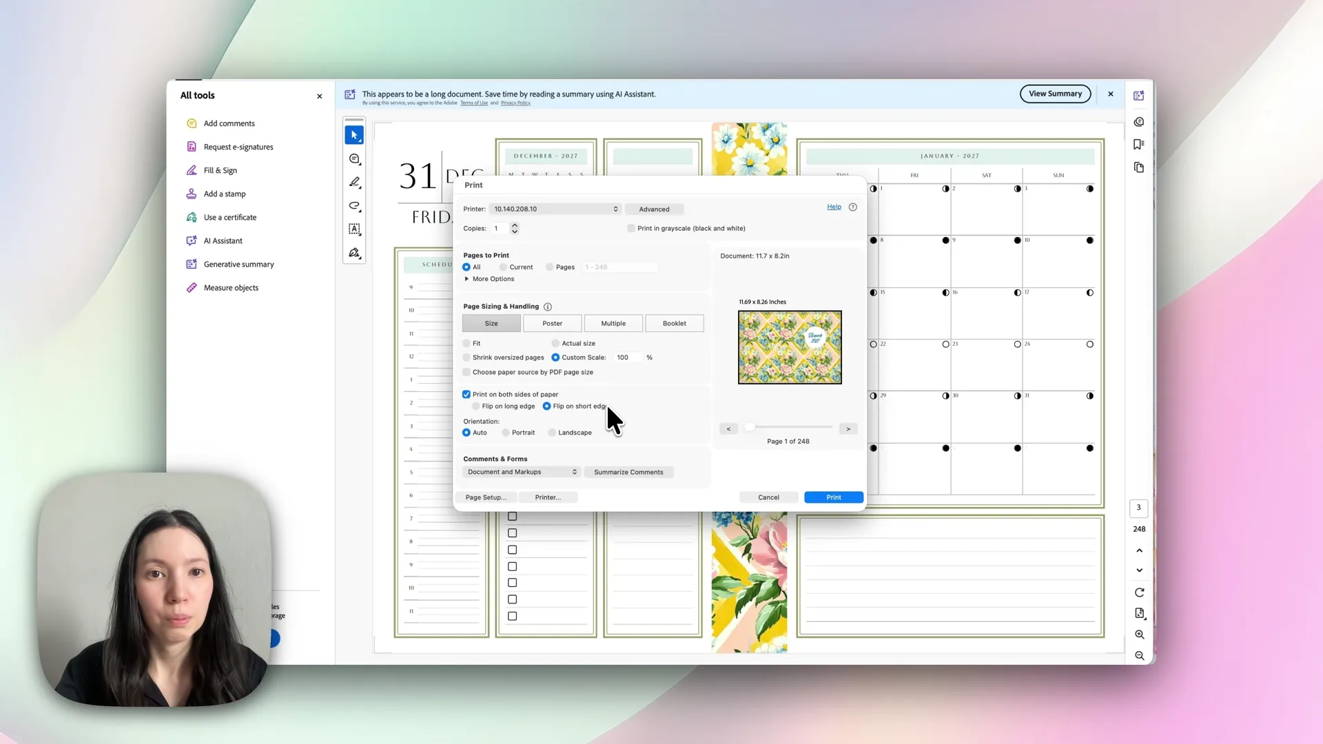 Adobe Acrobat print settings for a planner: all pages, 100% custom scale, flip on short edge, auto orientation