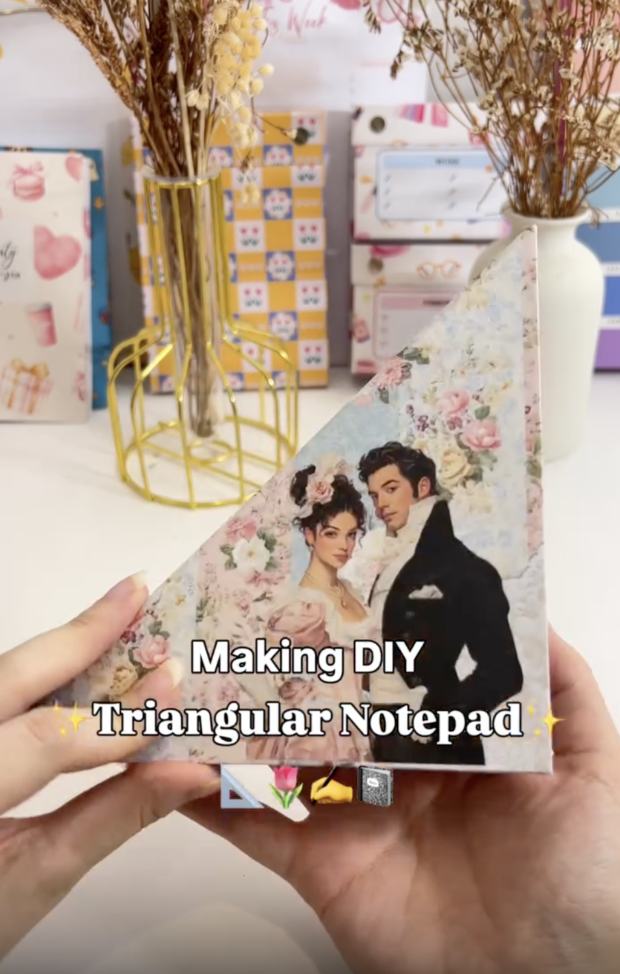 Finished DIY triangular notepad with a Regency-print chipboard cover held open