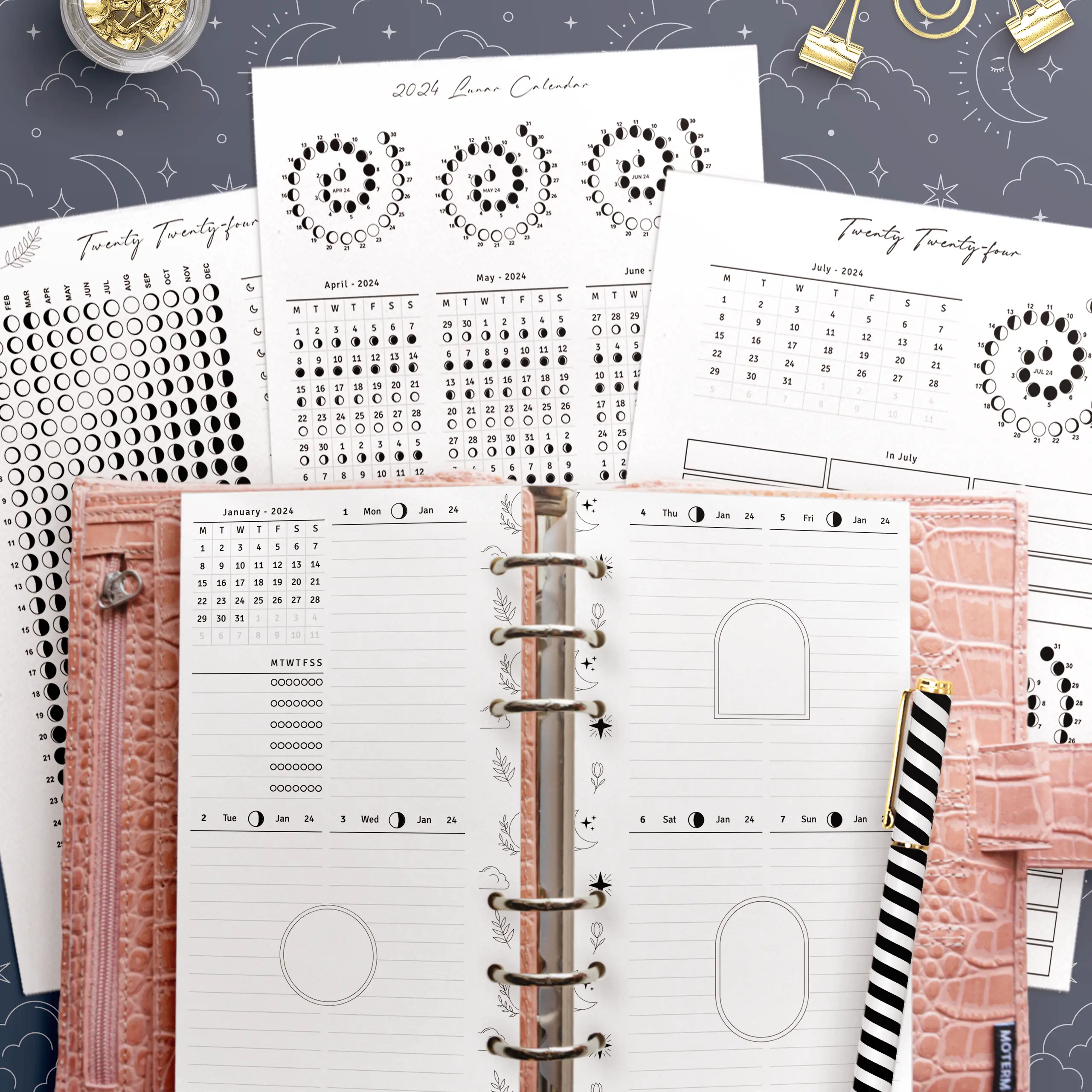 A lunar calendar design marking the phases of the moon