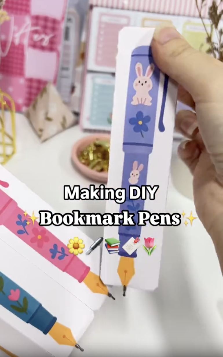 Completed DIY bookmark pens with perforated tear-off sections