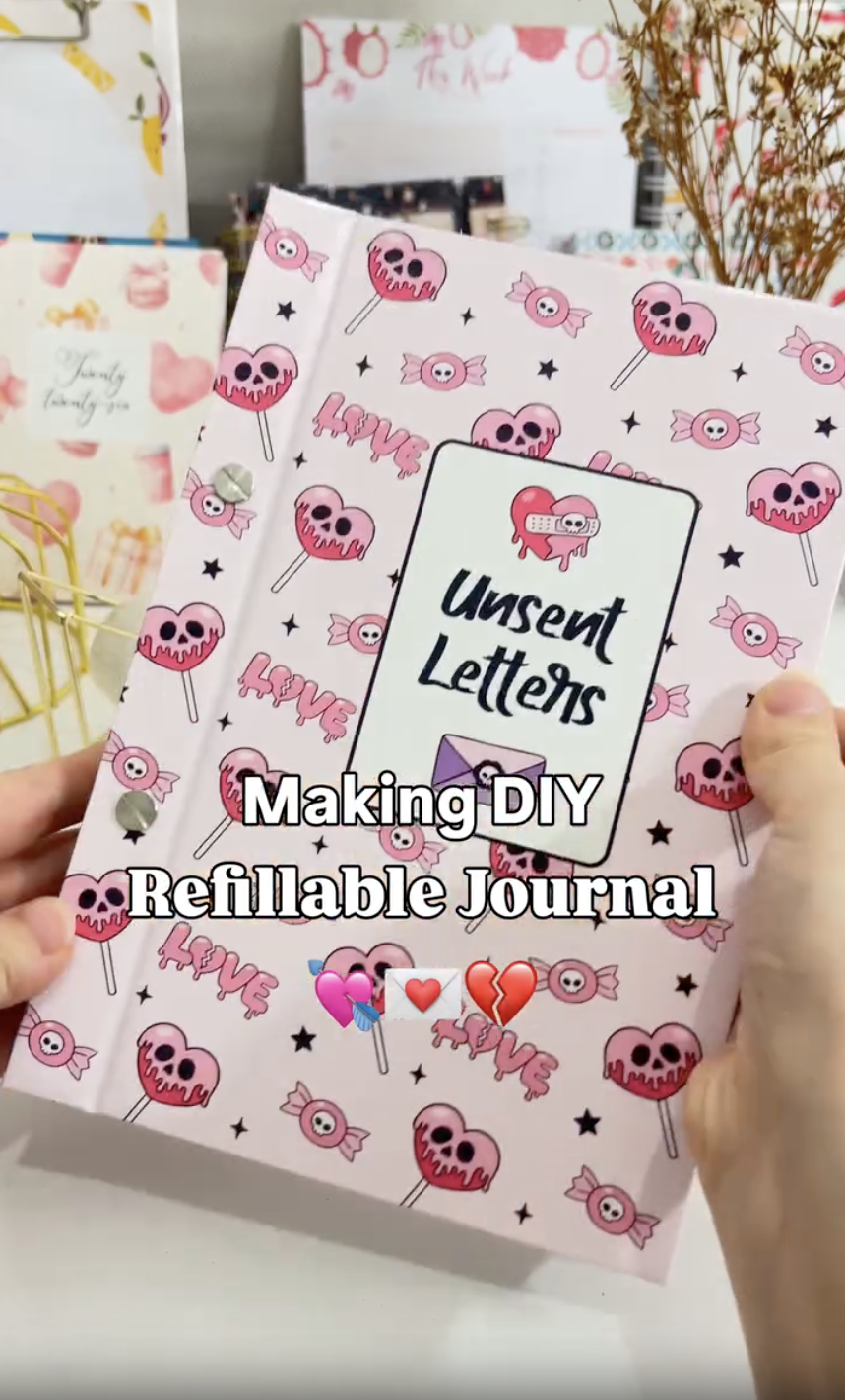 Finished DIY refillable journal with a printed hardcover and Chicago screw binding