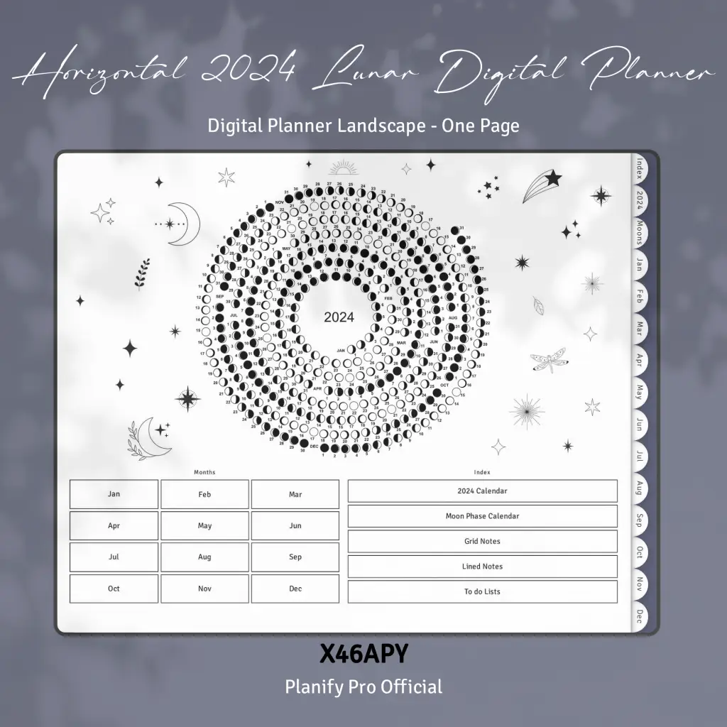 A horizontal lunar digital planner design sold as a printable planner shop product