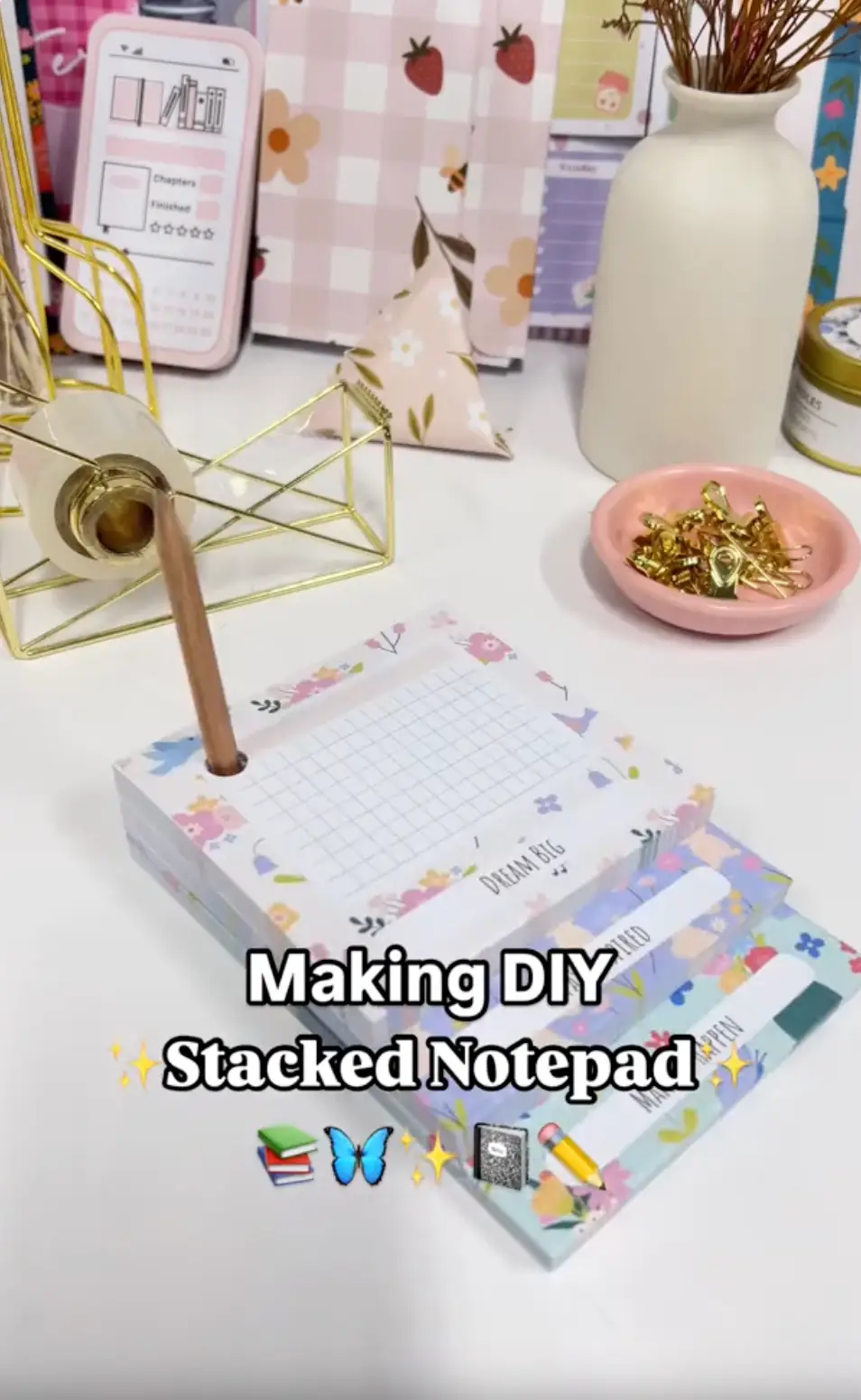 Finished DIY stacked notepad with three layers at different heights on one backing
