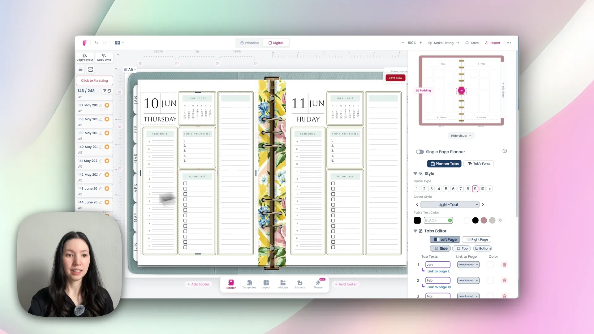 A finished digital planner spread with binder rings and monthly tabs