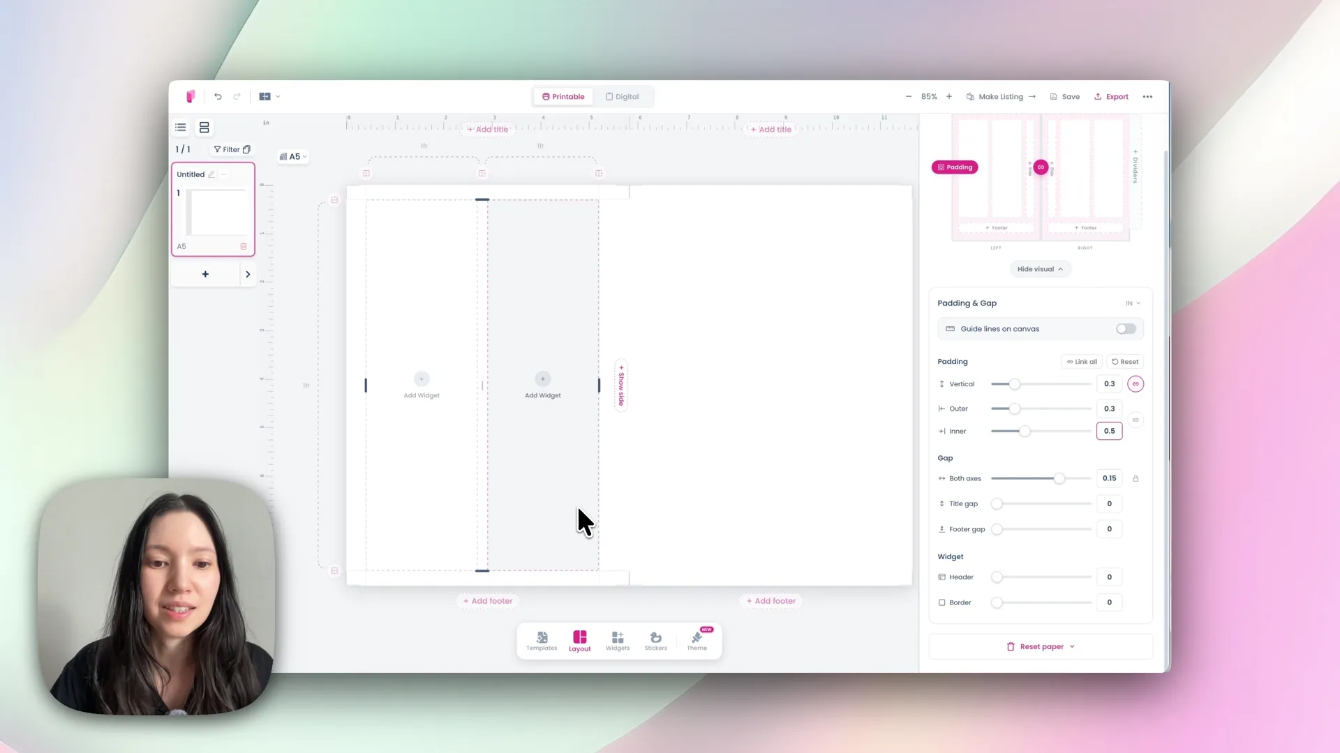 The Theme Pattern menu open in Planify Pro, showing the pattern library for planner covers