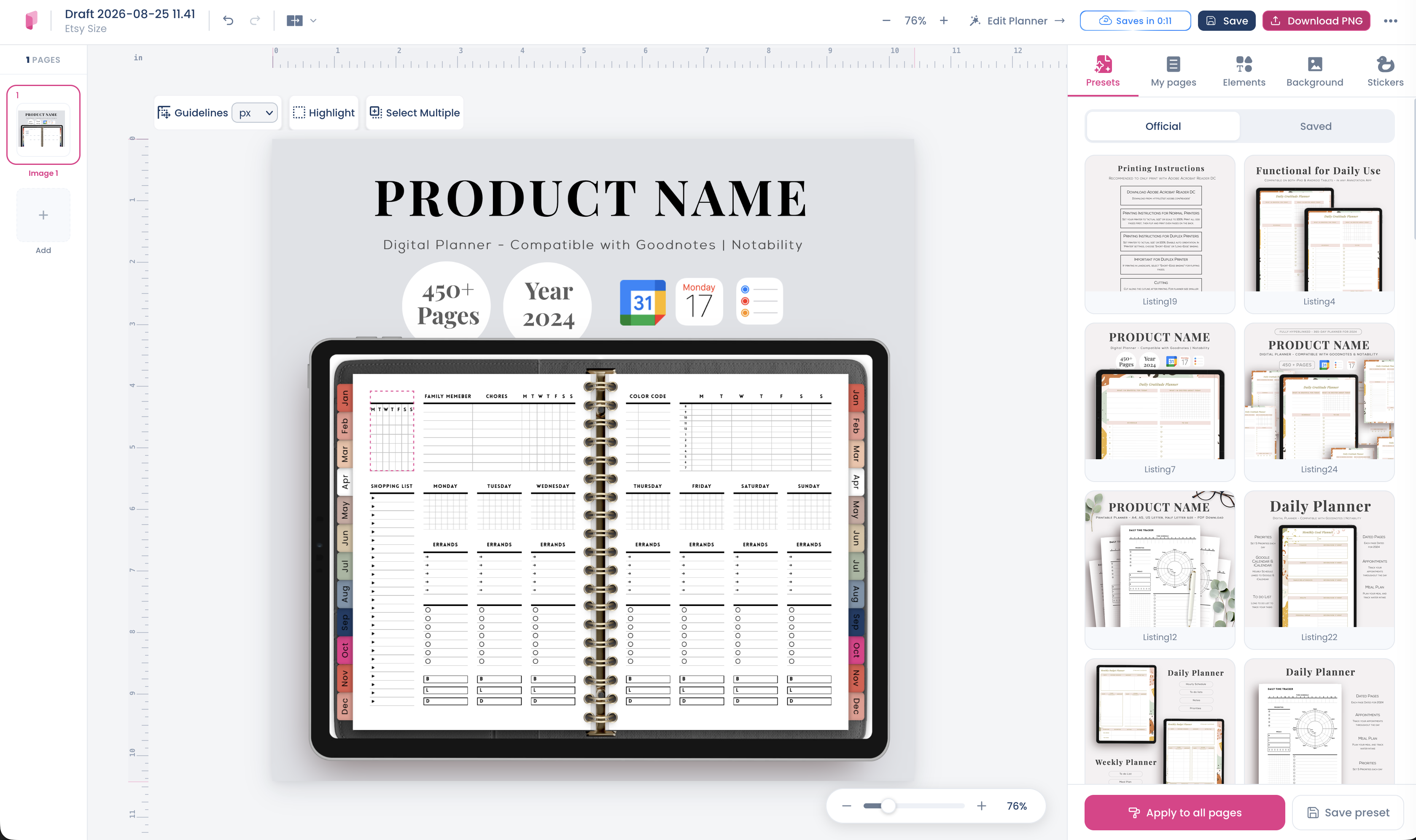 Product imagery of the kind used in Etsy listings for printable planners