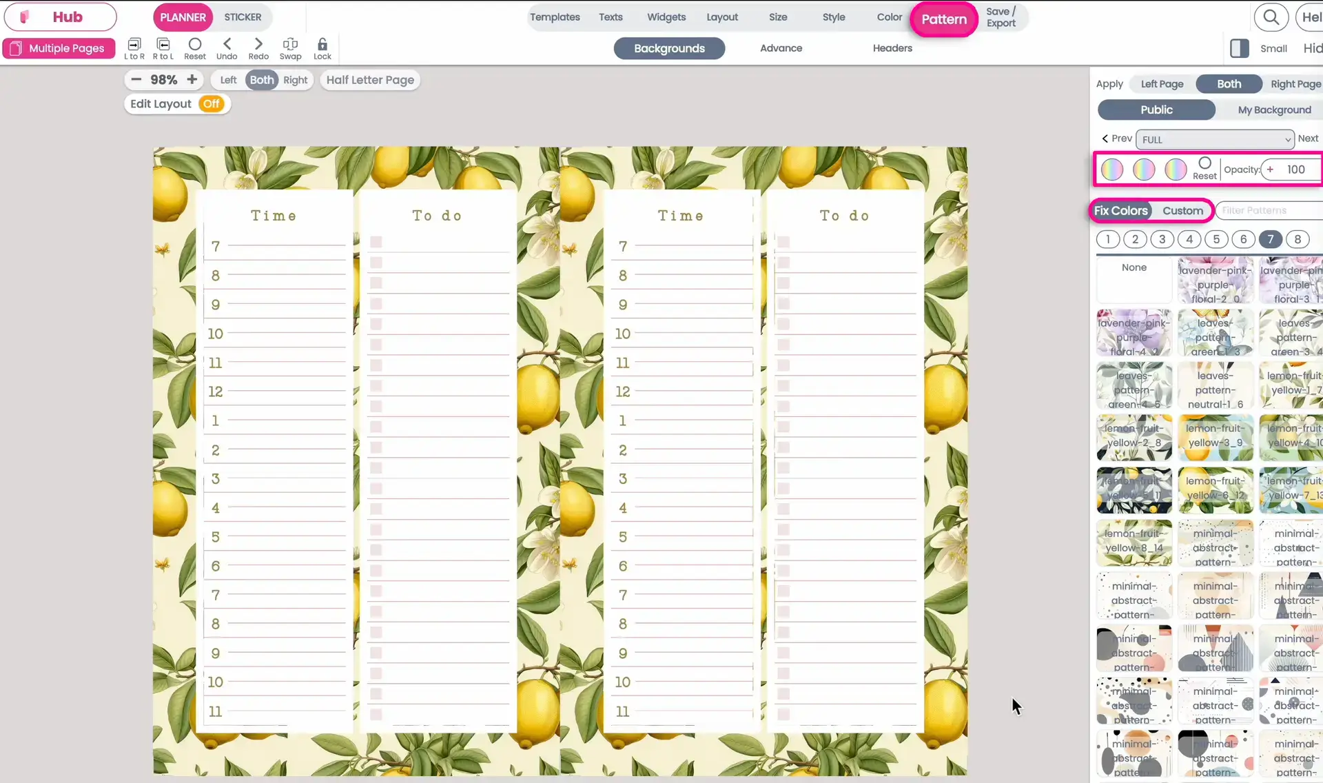 Customising notepad page colours, patterns and header font in Planify Pro