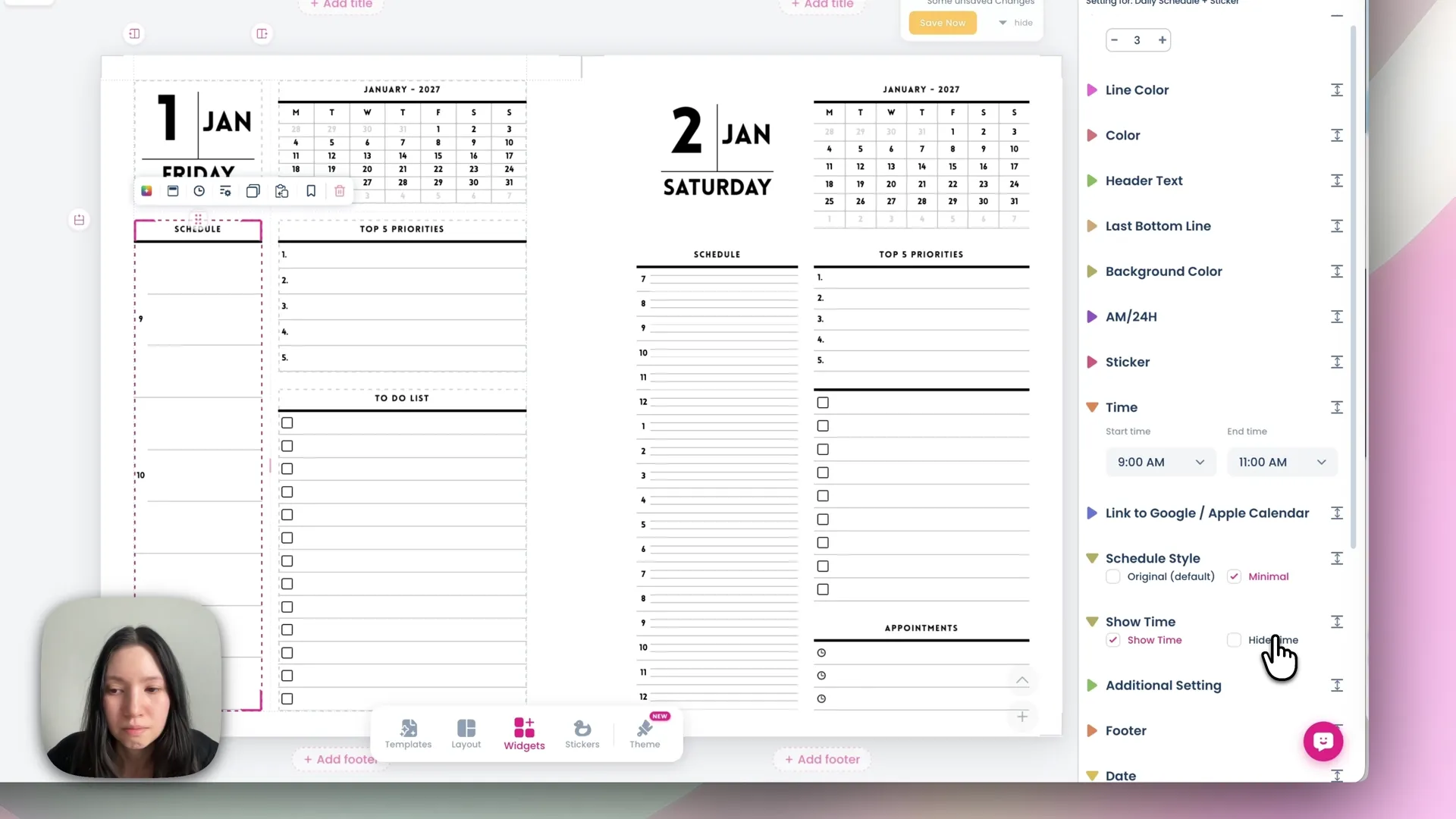 Schedule widget settings showing start and end times, AM/PM format and time increments