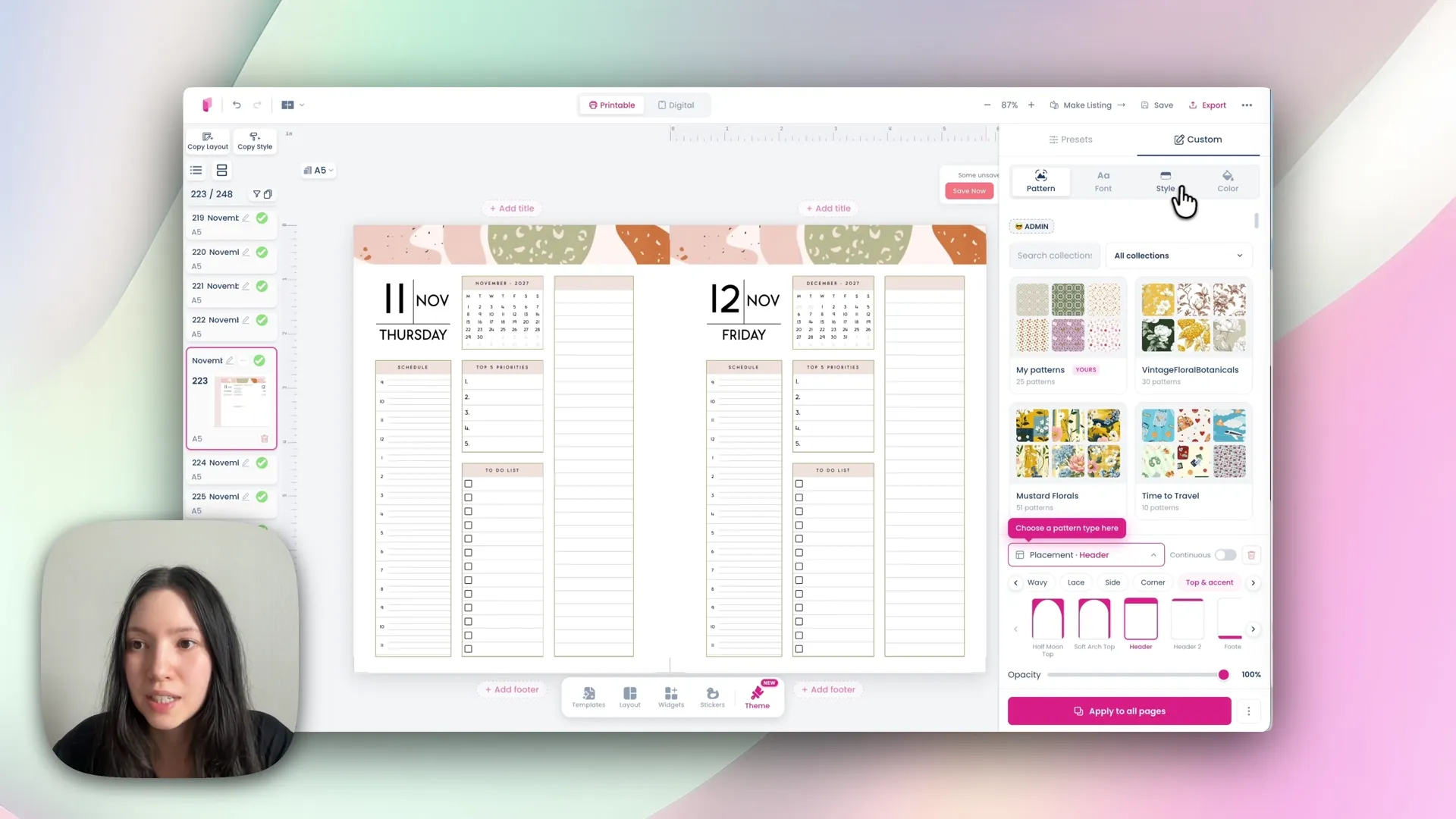 The custom theme menu showing pattern, font, style and colour tabs