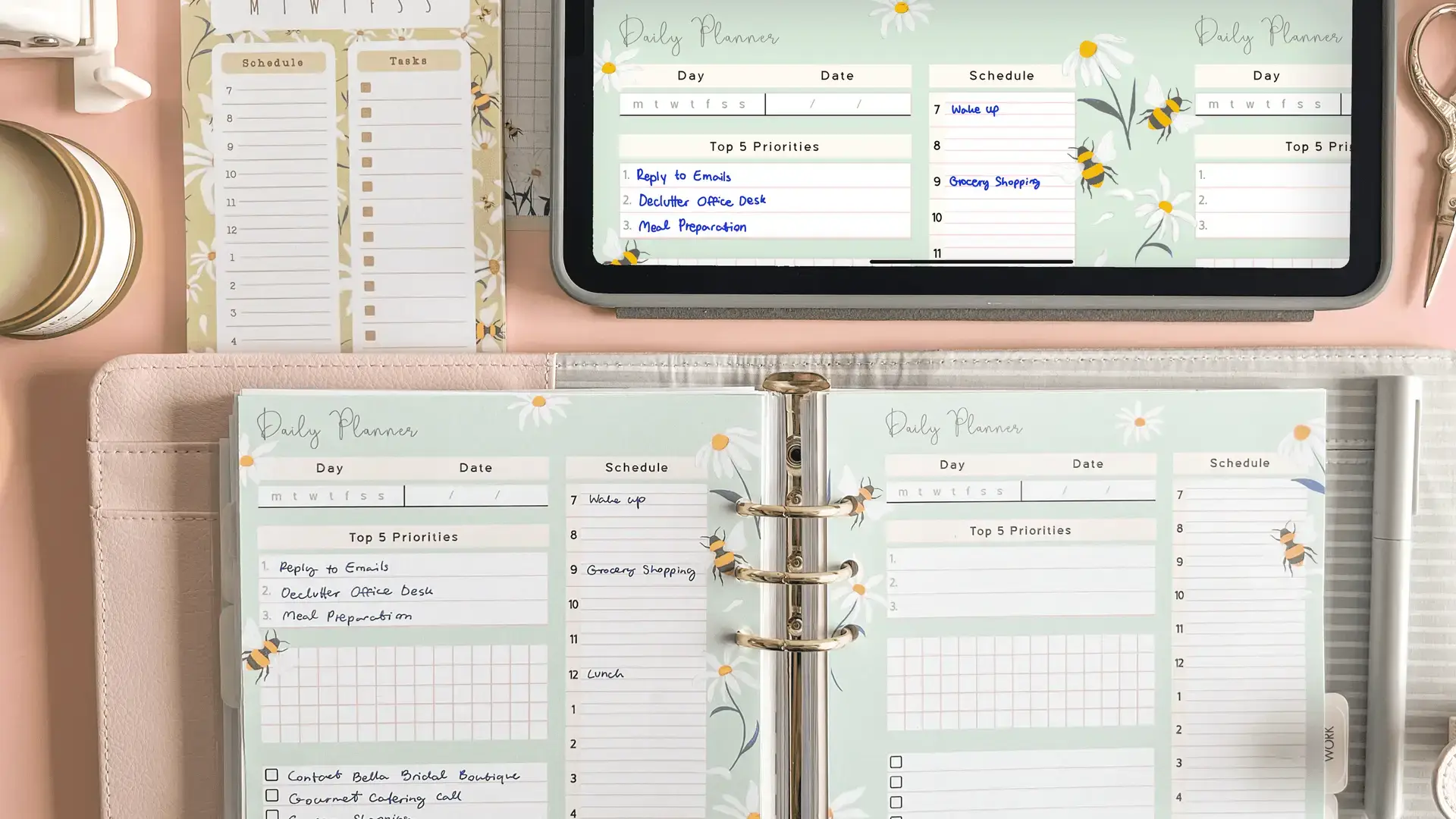 A close-up of a paper daily planner page, one side of the paper-versus-digital choice