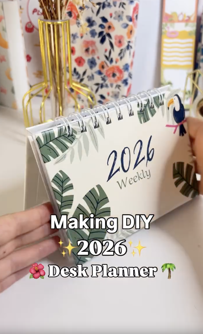 Finished DIY 2026 desk planner standing upright on a W-shaped chipboard back