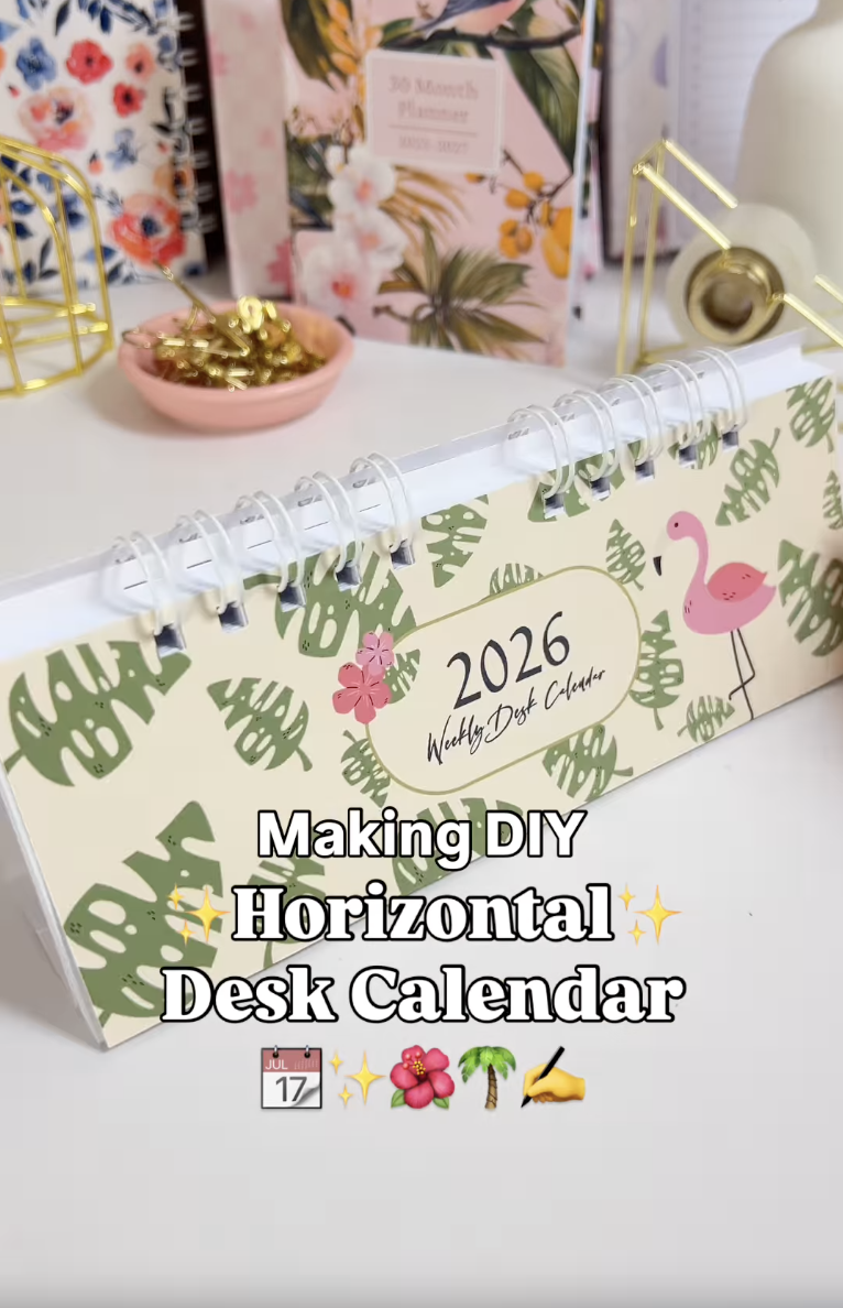 Finished landscape DIY desk planner standing on a folded W-shaped cardstock back