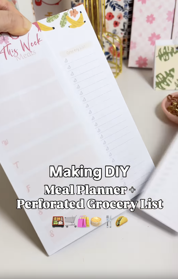 Finished DIY meal planner notepad with a perforated tear-off grocery list