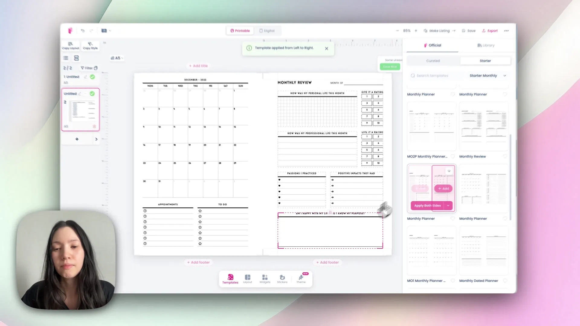 Applying a monthly template across both pages to create a full monthly spread