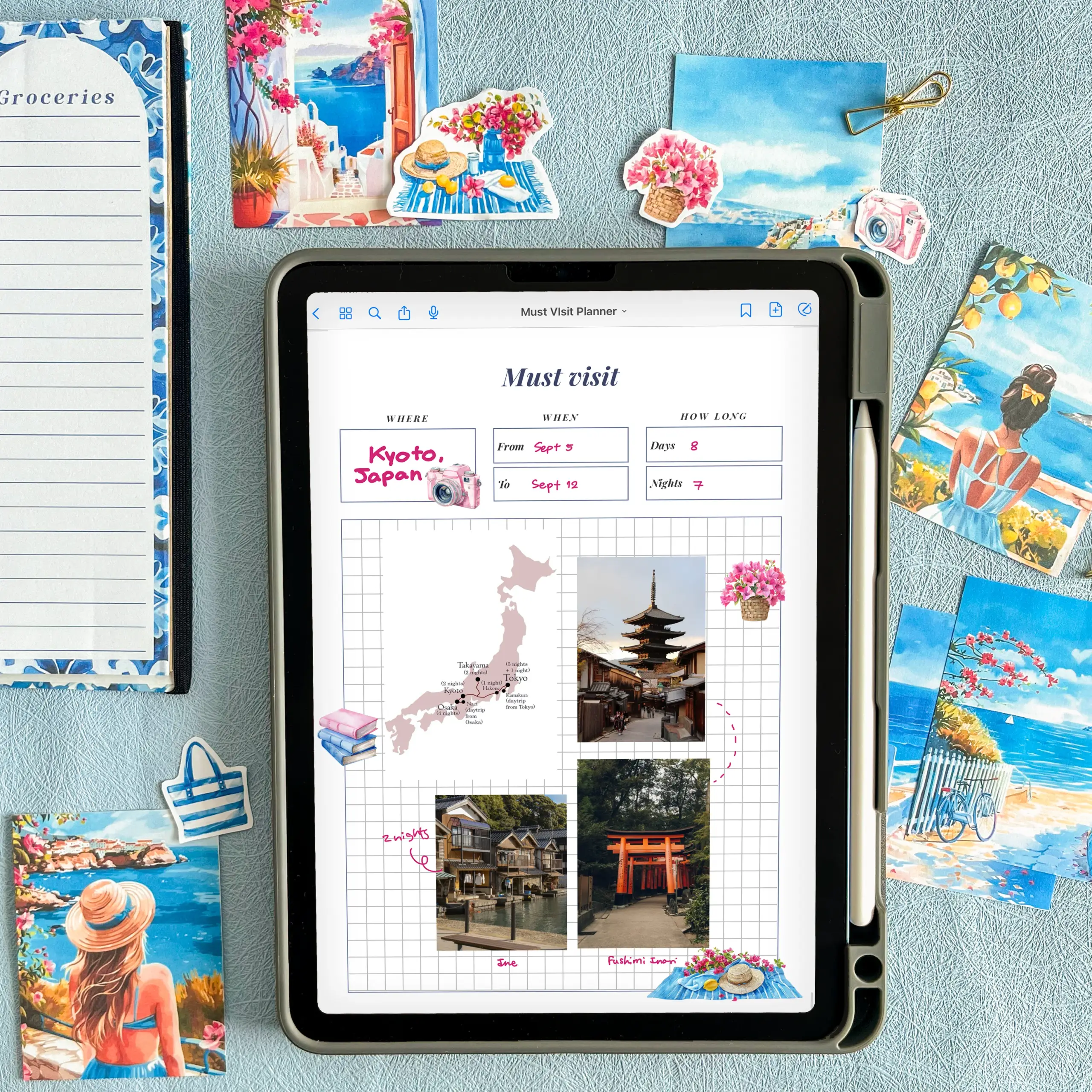 Mediterranean summer must-visit planner cards from a printable travel planner set