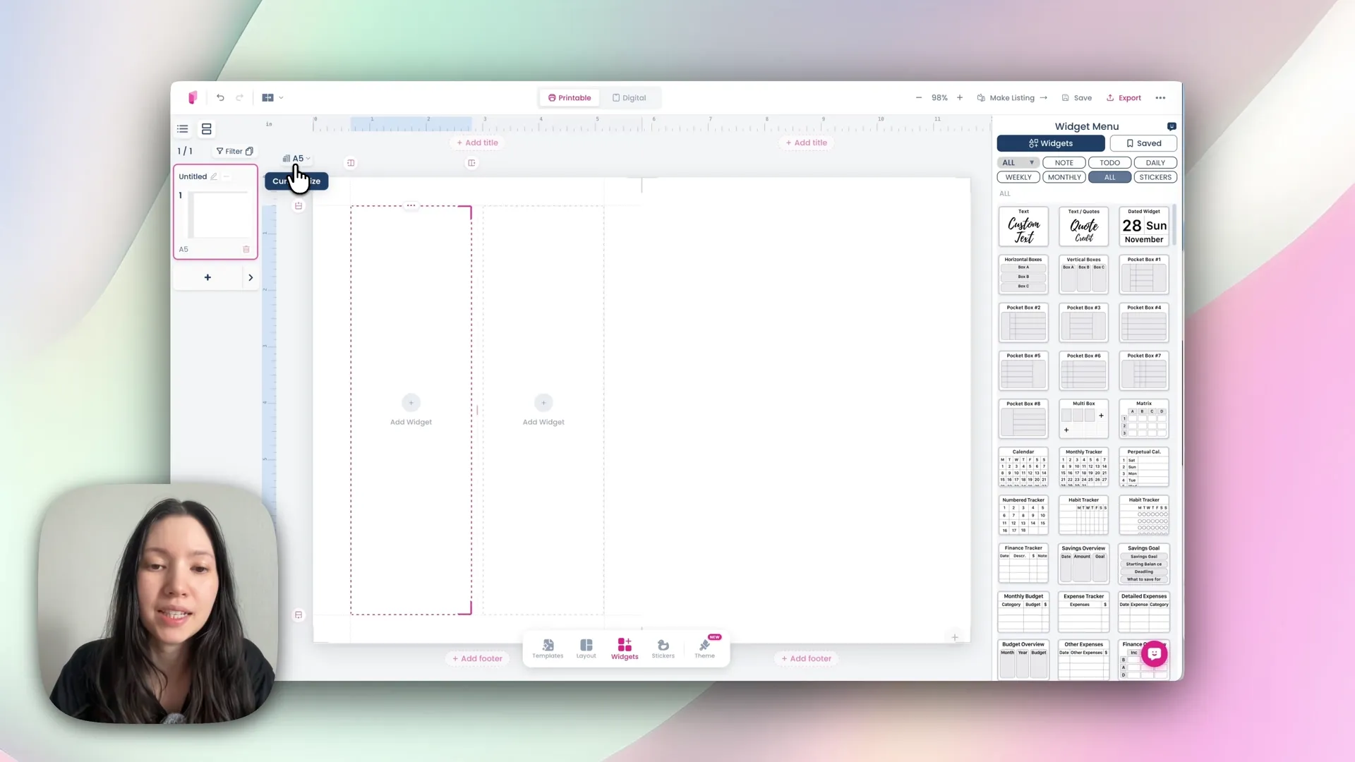 Changing planner page size from A5 to US Letter in the Planify Pro editor