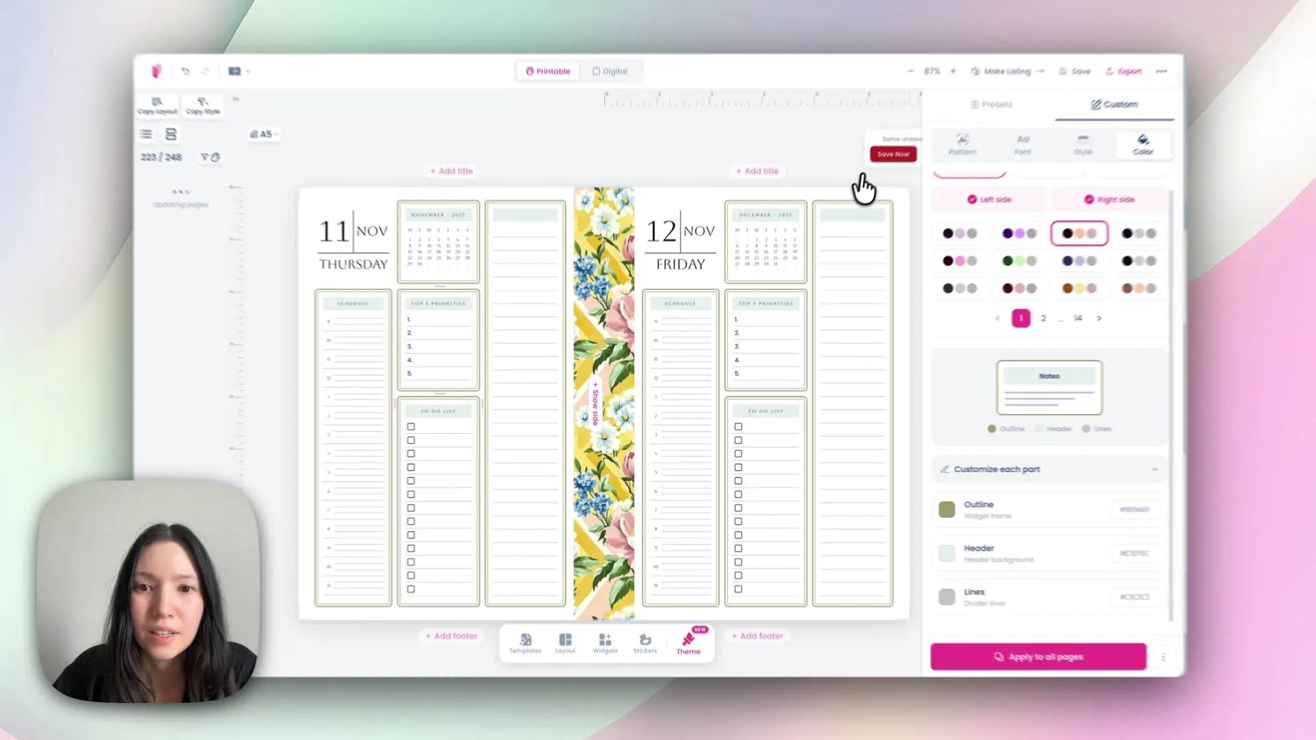 Applying a theme style to all pages of the planner in one click
