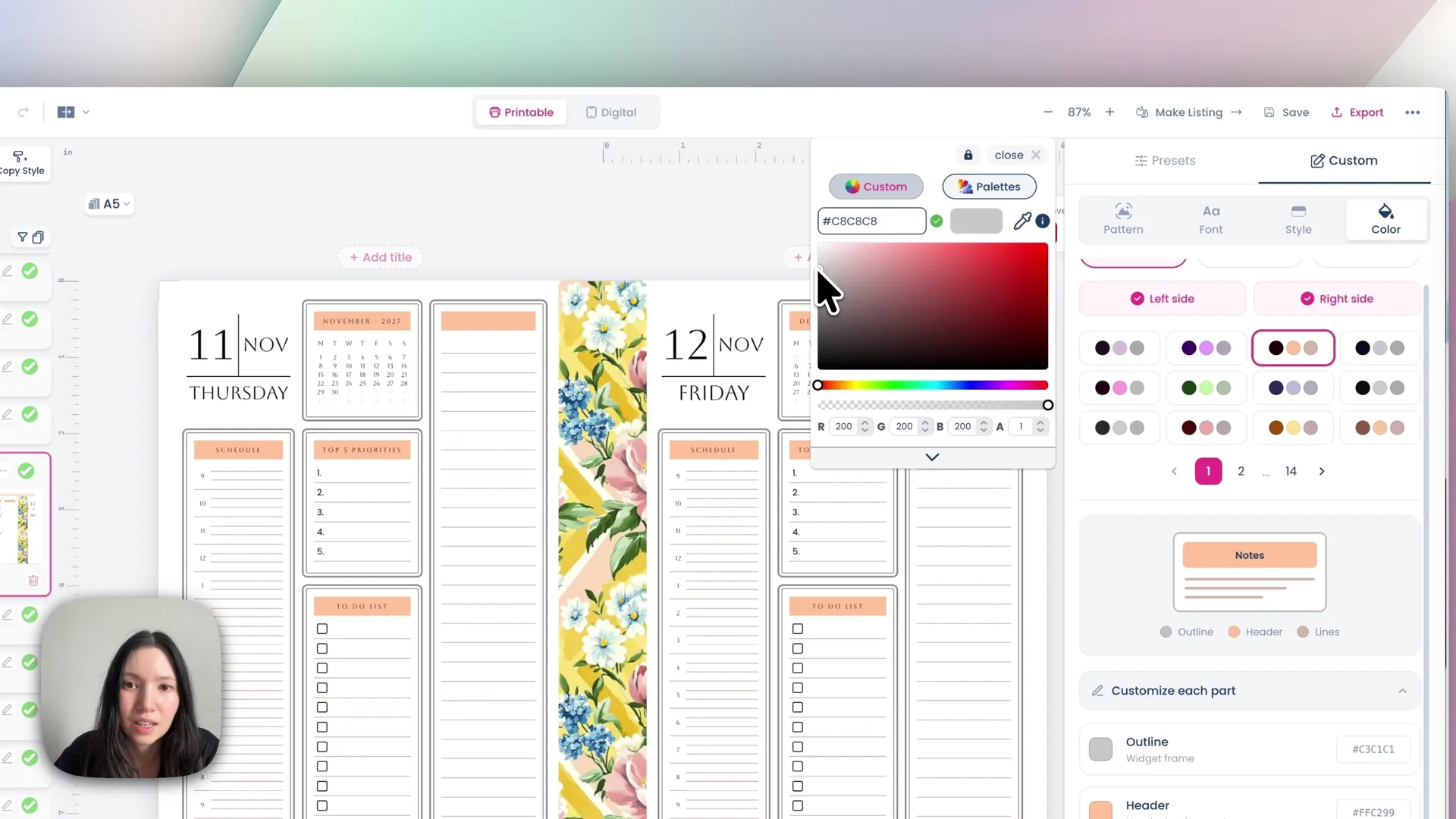 The colour panel with separate controls for outline, header and line colour