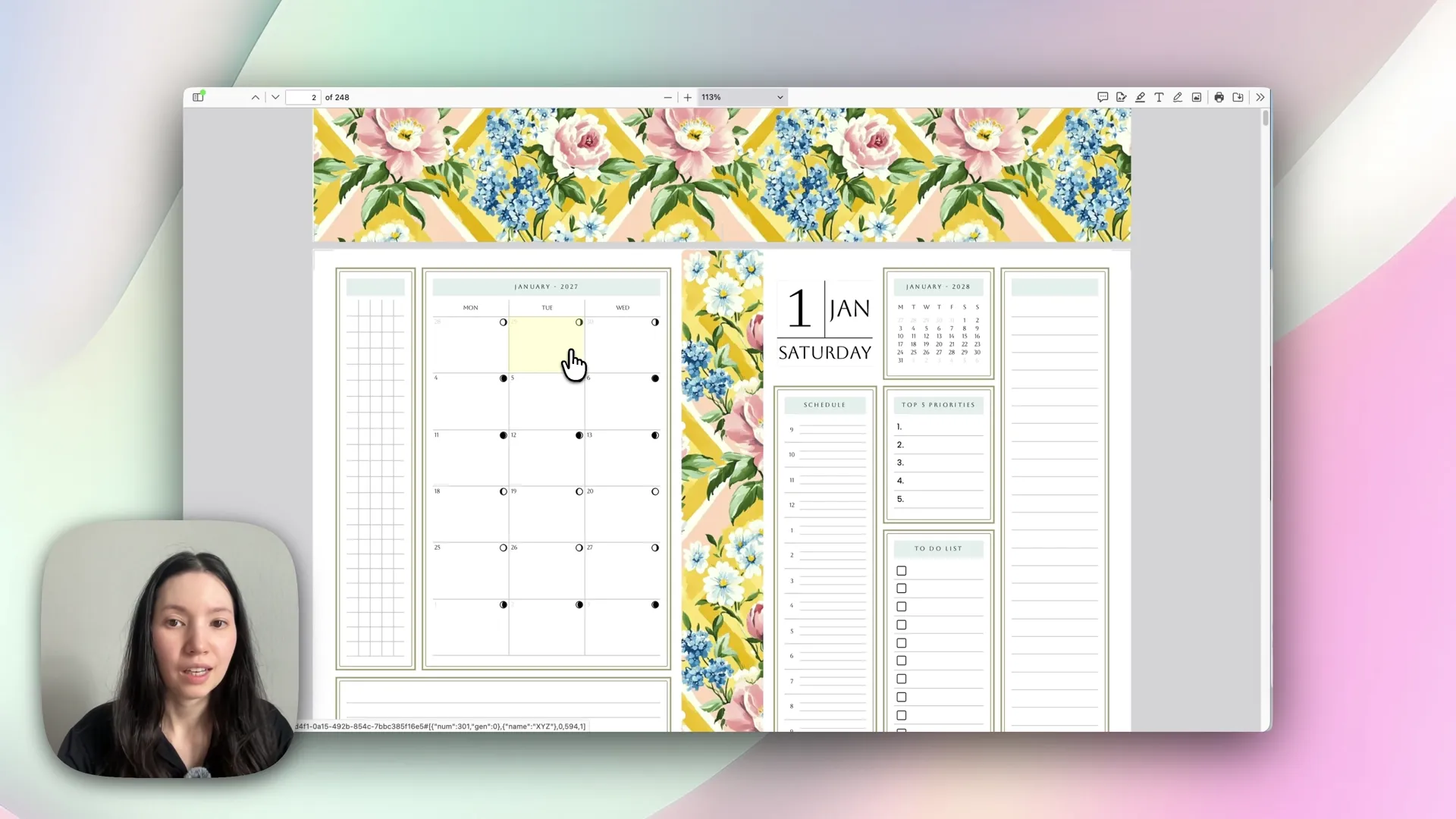 The exported planner PDF showing a monthly calendar beside a daily page, which looks wrong but is the correct ring arrangement