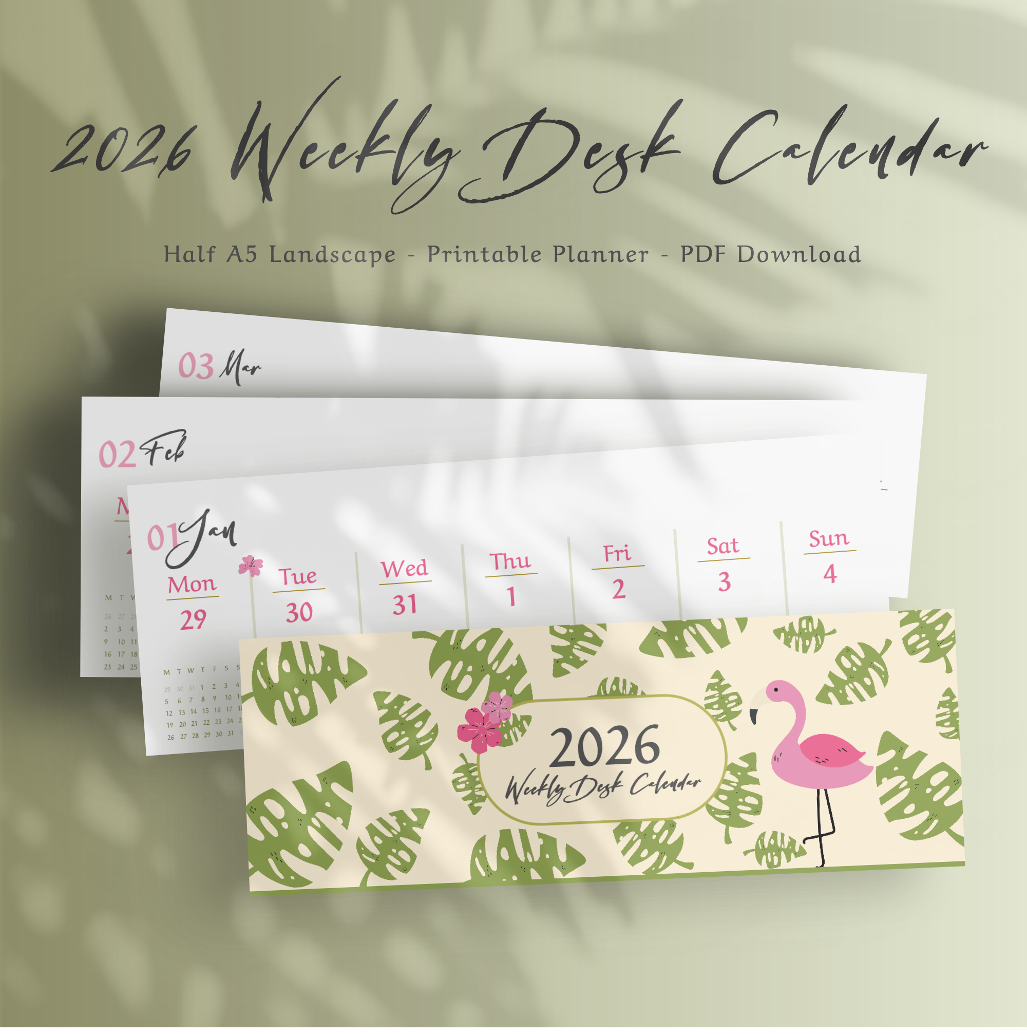 A 2026 weekly desk planner printable in half-A5 size