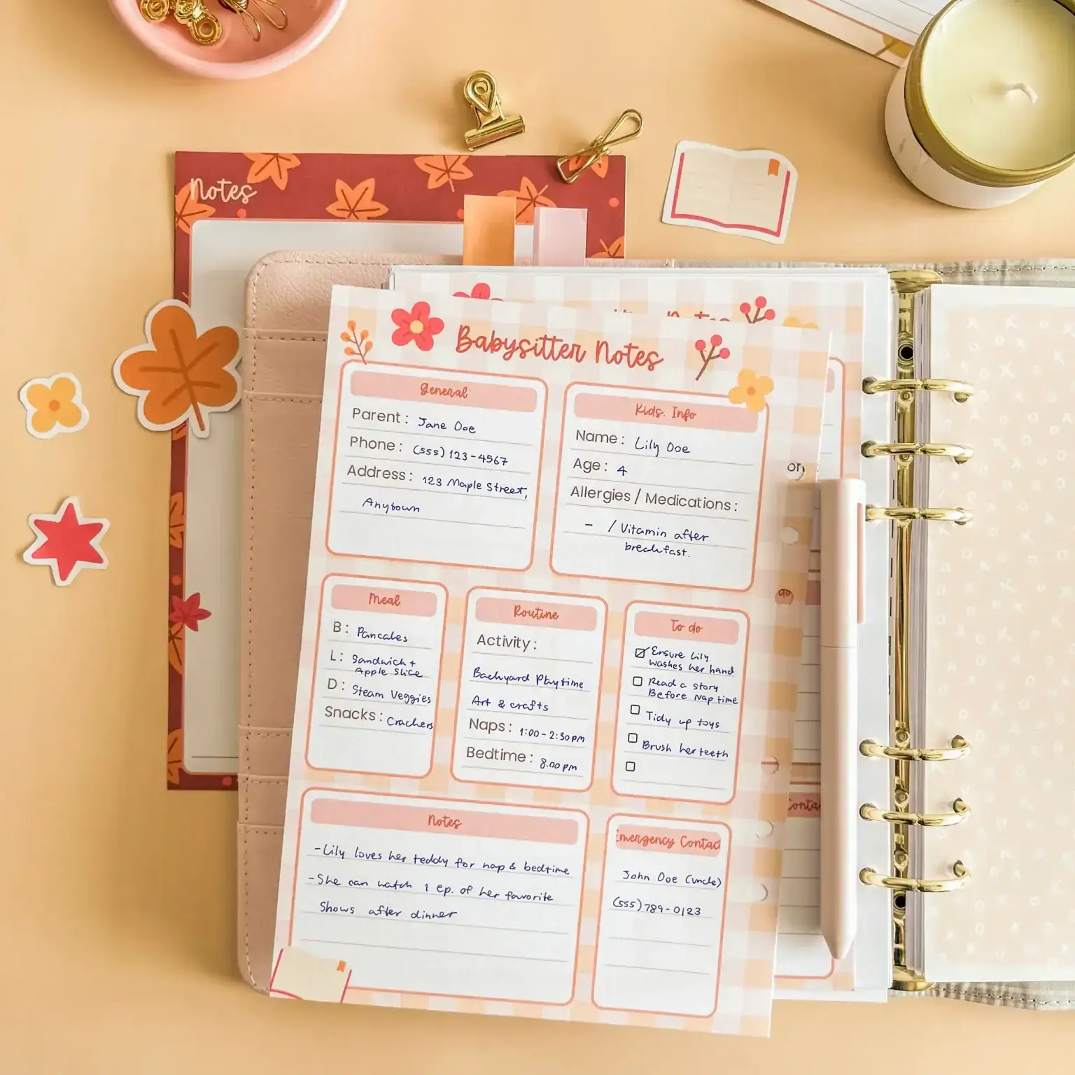 A Hello Fall babysitter notes printable from Planify Pro's autumn planner designs