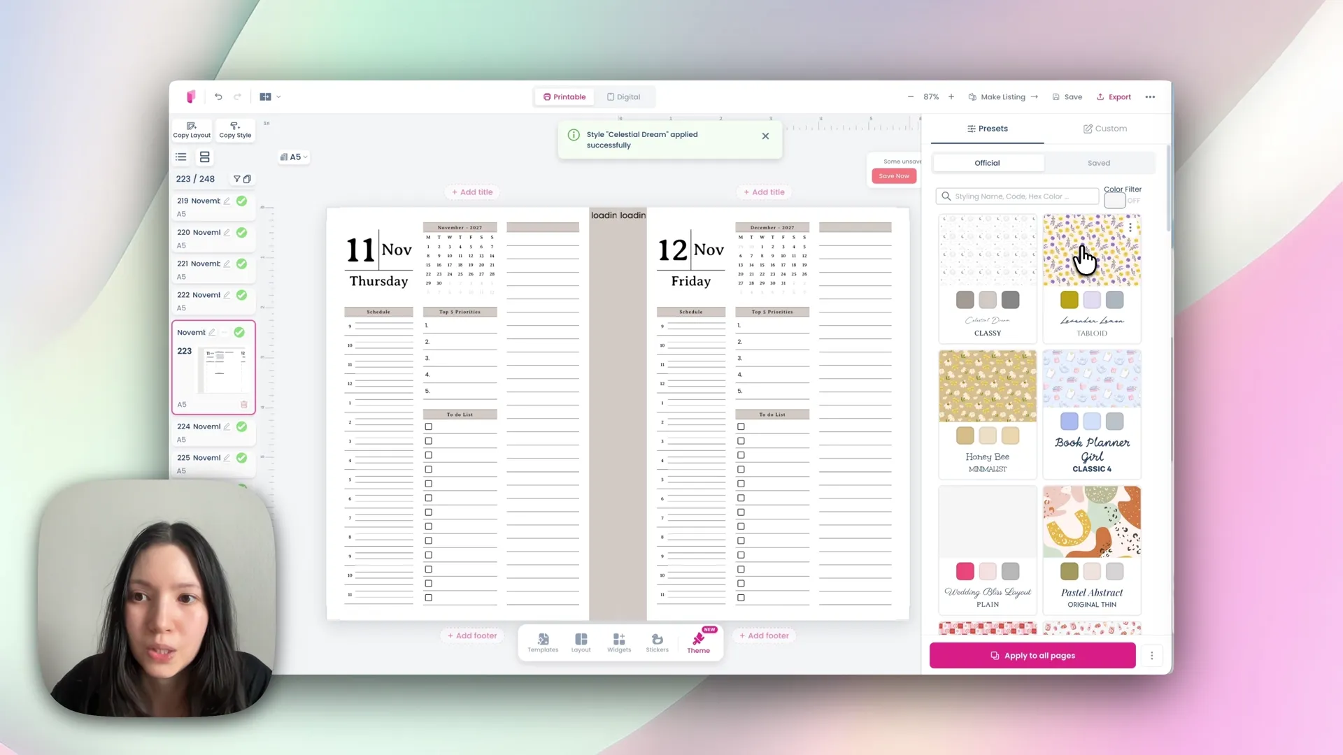 The Theme preset gallery in Planify Pro, used to restyle a whole planner at once
