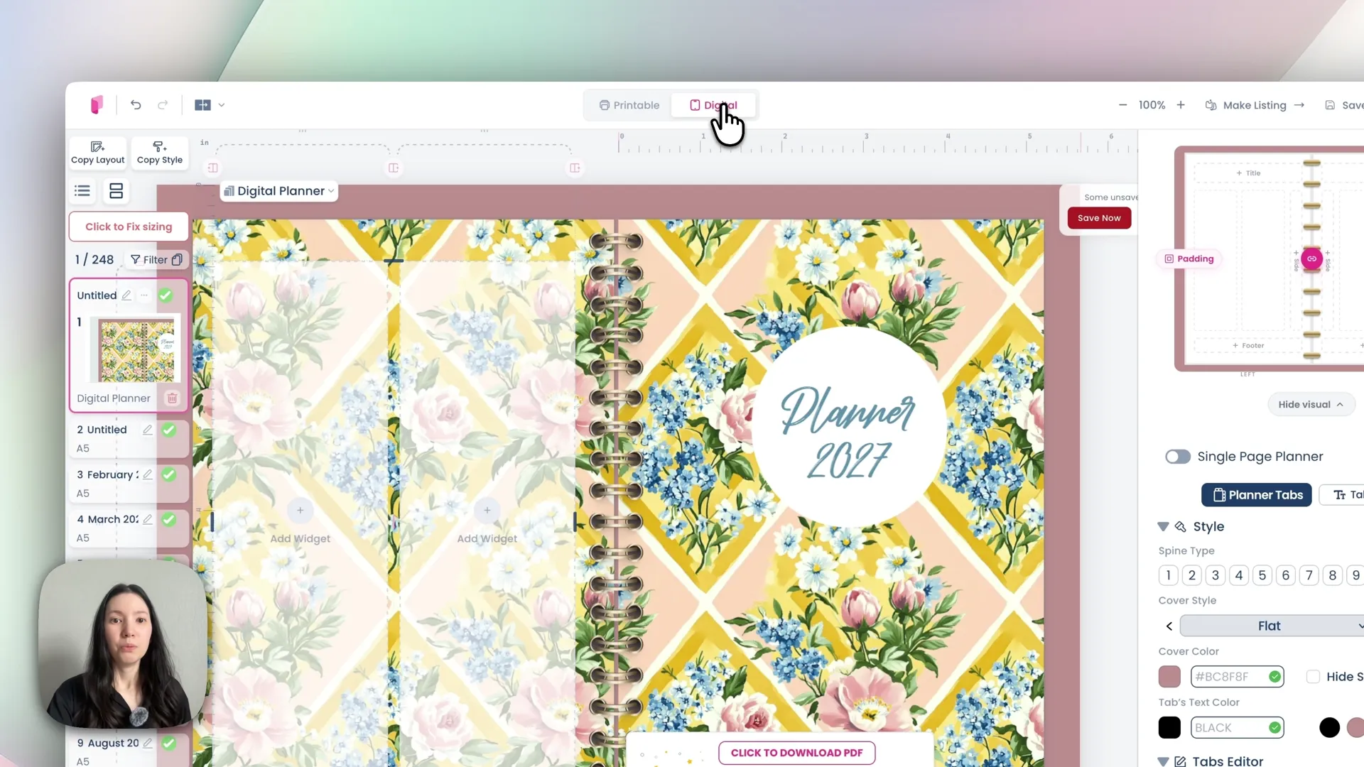 The Go Digital binder menu showing spine and background options
