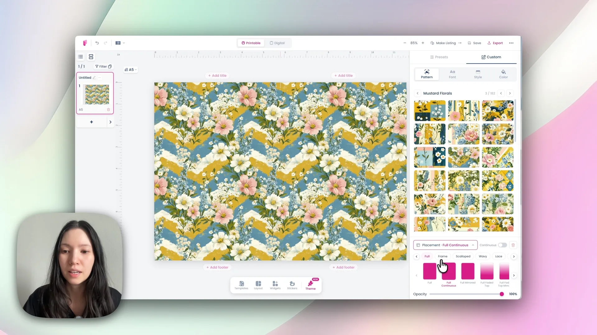 Pattern placement options for a planner cover: full, frame and wave